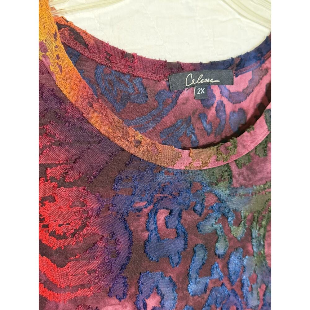 Calessa Tunic Top 2X Burnout Knit Asymmetric velvet accents Artsy 3/4 Sleeve - Picture 3 of 6